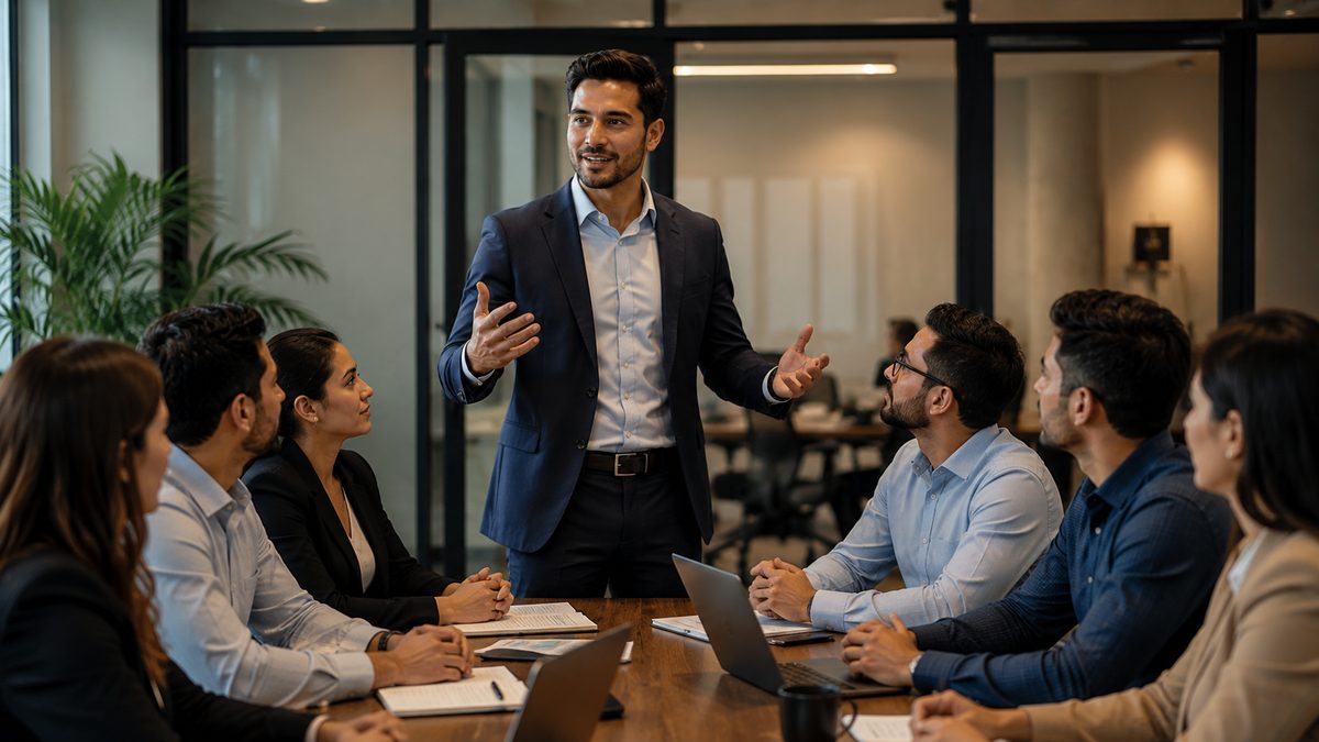 Líder comunicando com autoridade e confiança para sua equipe
